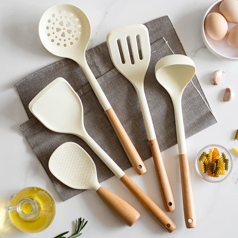 Kitchen Chinese Style Silicone Wood Handle Spatula, Heat-resistant Silicone Cooking Spatula, Spoon, Kitchenware