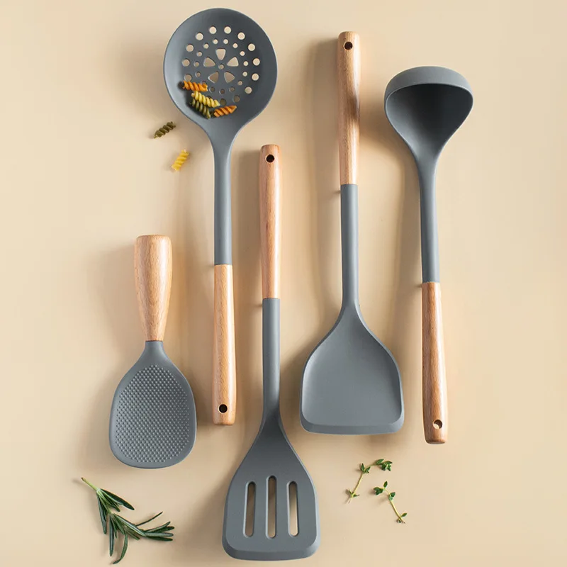 Kitchen Chinese Style Silicone Wood Handle Spatula, Heat-resistant Silicone Cooking Spatula, Spoon, Kitchenware thumbnail 2