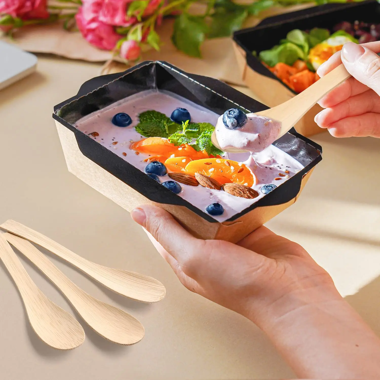 50/100pc Soup Spoon Disposable Bamboo Soup Spoons Compostable 100% Biodegradable Renewable Natural Travel Tableware Eco-Friendly thumbnail 4