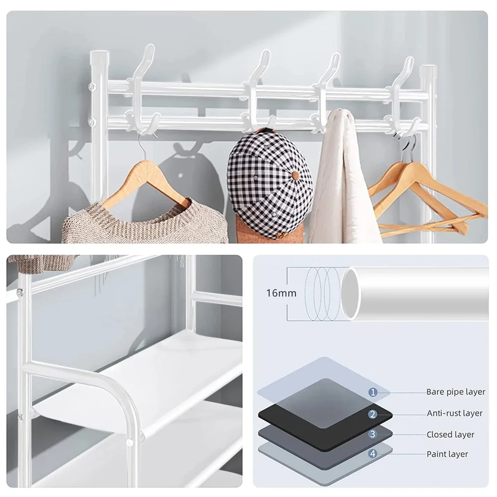 Upgraded Coat Hat Stand with 8 Hooks Metal Shoe Rack Doorway DIY 5 Tiers Shoes Shelf Floor-Standing Living Room Storage Racks thumbnail 3