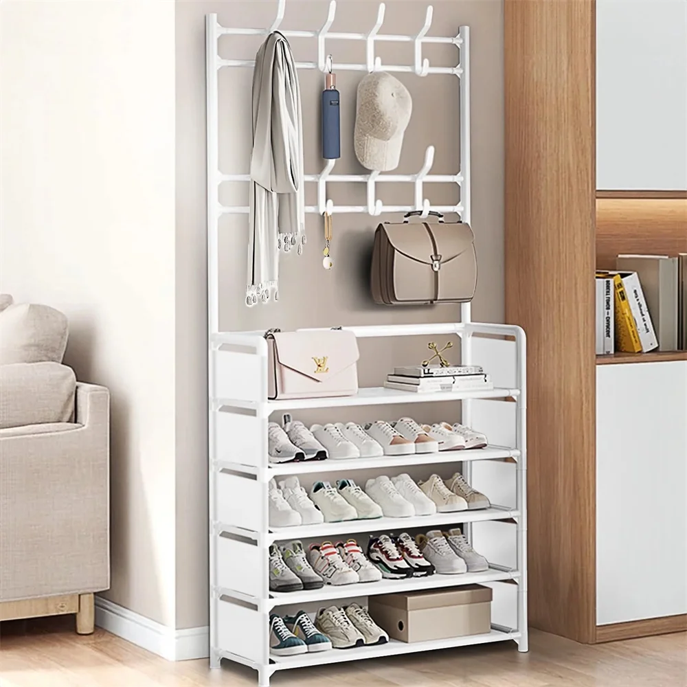 Upgraded Coat Hat Stand with 8 Hooks Metal Shoe Rack Doorway DIY 5 Tiers Shoes Shelf Floor-Standing Living Room Storage Racks thumbnail 4