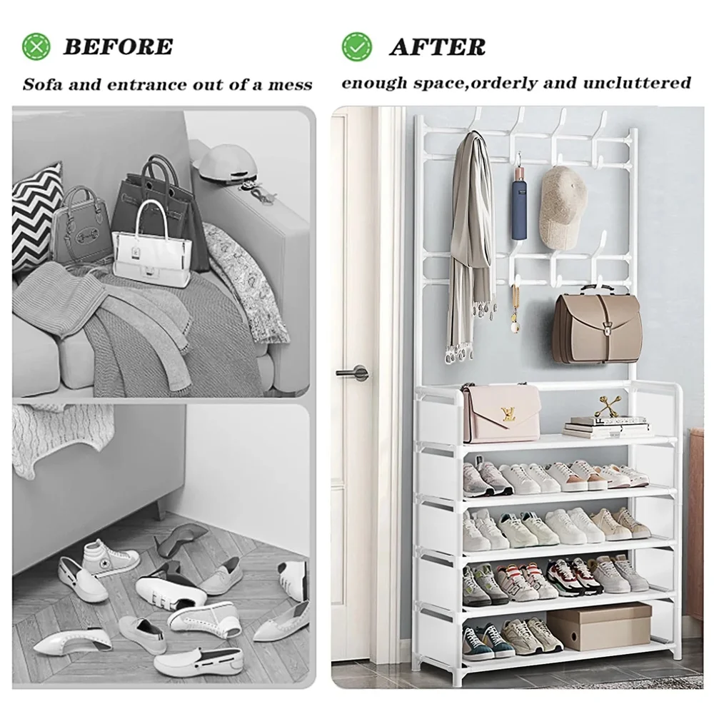 Upgraded Coat Hat Stand with 8 Hooks Metal Shoe Rack Doorway DIY 5 Tiers Shoes Shelf Floor-Standing Living Room Storage Racks thumbnail 6