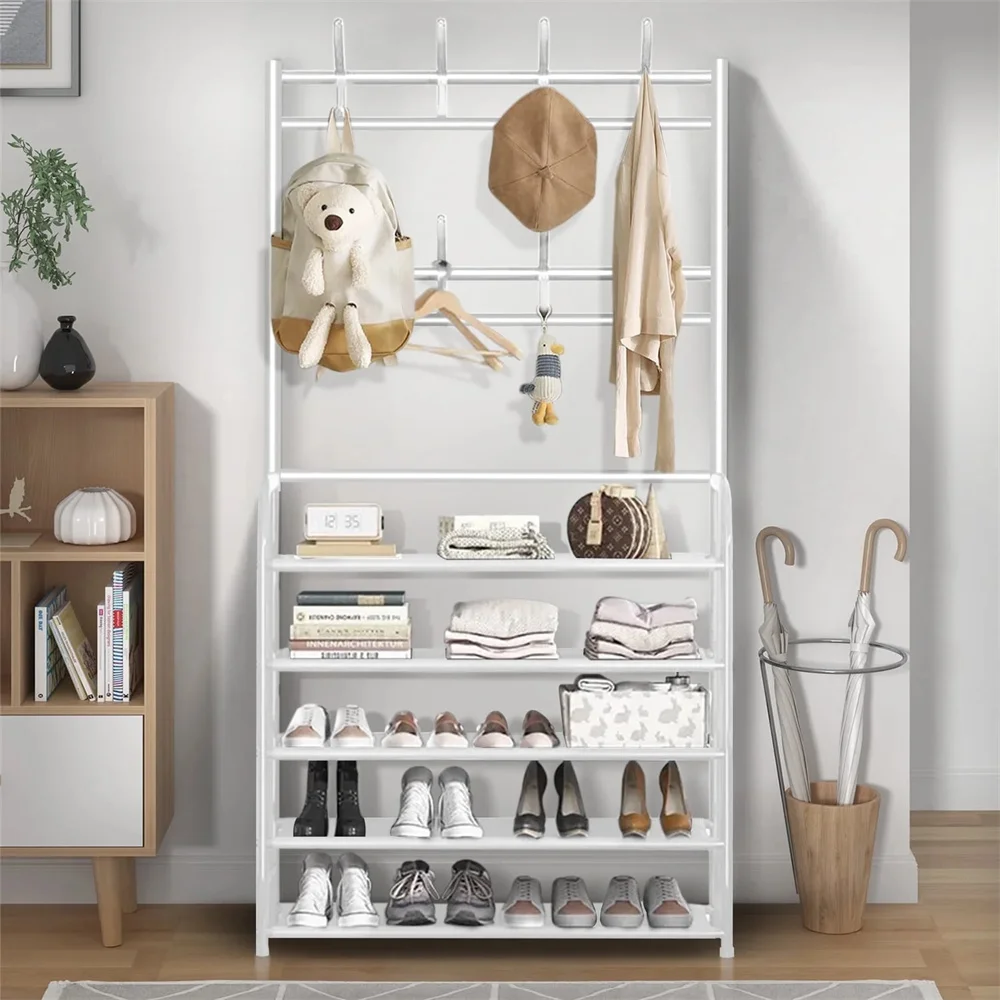 Upgraded Coat Hat Stand with 8 Hooks Metal Shoe Rack Doorway DIY 5 Tiers Shoes Shelf Floor-Standing Living Room Storage Racks thumbnail 5