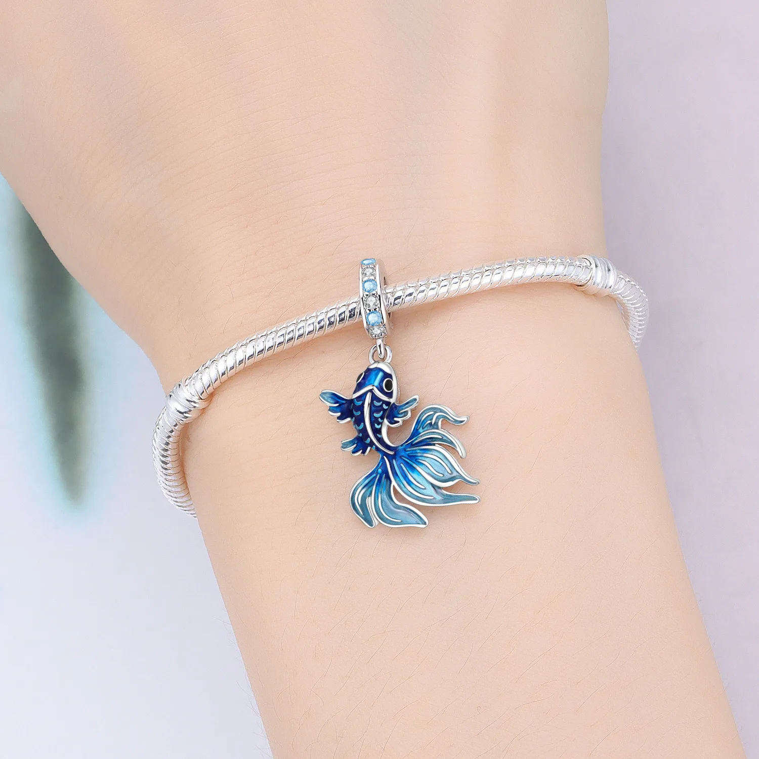 Blue Charm 925 Sterling Silver Ocean Pearls Betta Fish Pendant Birthday Party Gift for Women Bracelet Necklace DIY Beads Jewelry thumbnail 5