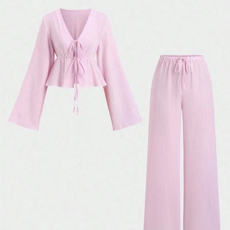 Striped Leace-up New In Matching Sets 2 Pieces Set For Woman Two Piece Outfits Simple Style All-match Casual Commuting Office thumbnail 4