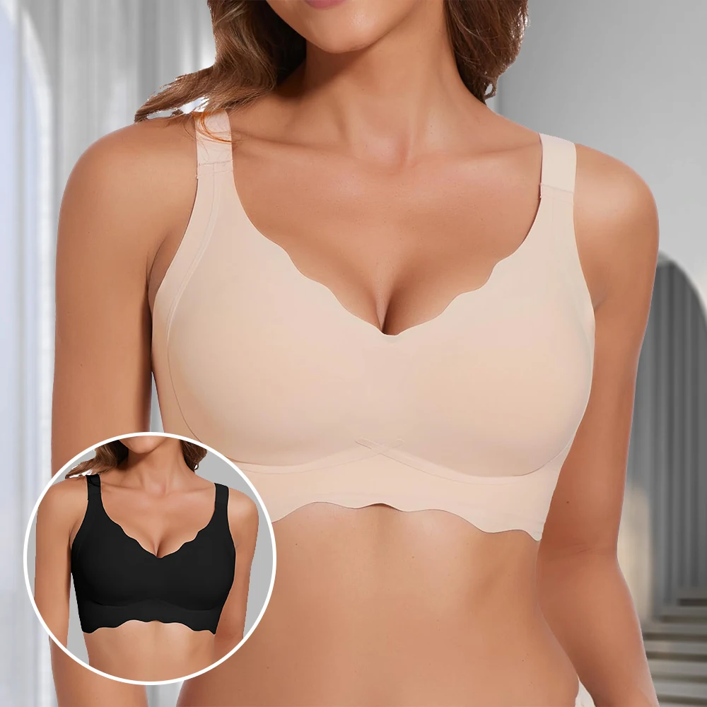 Womens Seam-free Wireless Wave Bras Full Coverage Push Up No Underwire Bra Supportive Bralettes for Everyday