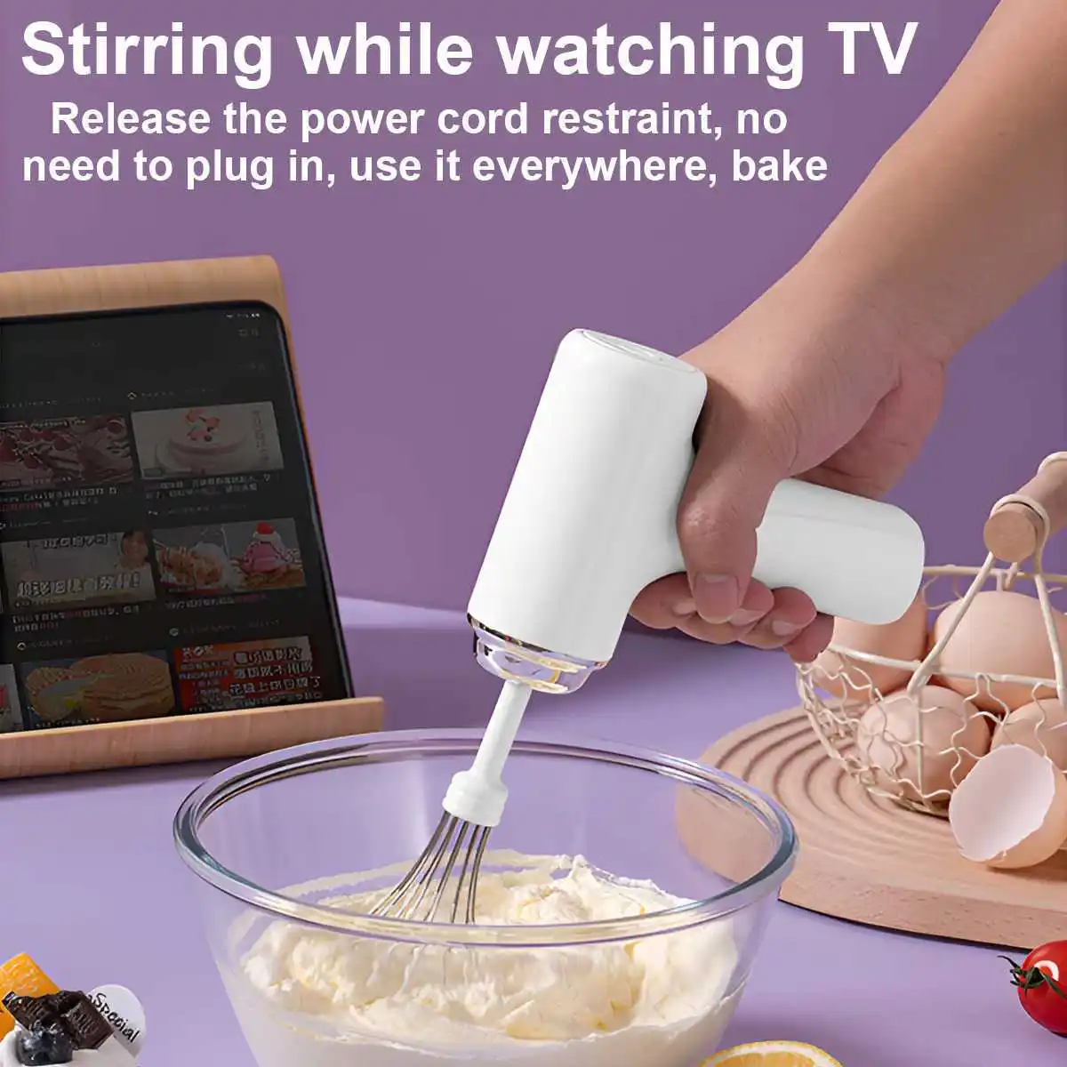 Electric Egg Beater Wireless Electric Food Mixer Handheld Mixer with 3 Speed Settings Baking Dough Cake Cream Milk Whisk thumbnail 2