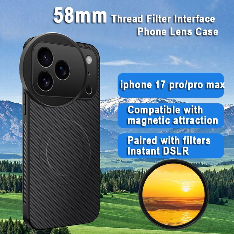 58mm Filter Mount Phone Case for iPhone 17 Pro/Pro Max Magnetic Wireless Charging Magsafe Cover Protective Camera Lens Adapter