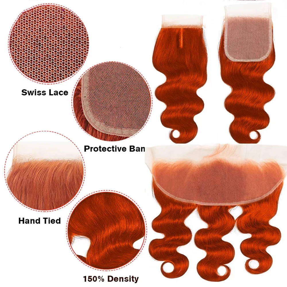 8-30" #350 Ginger Orange Body Wave 13X4 4x4 HD Lace Closure With Bundle Deep Water Virgin Human Hair Bundle With Closure Frontal thumbnail 2