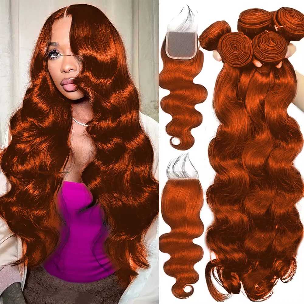 8-30" #350 Ginger Orange Body Wave 13X4 4x4 HD Lace Closure With Bundle Deep Water Virgin Human Hair Bundle With Closure Frontal