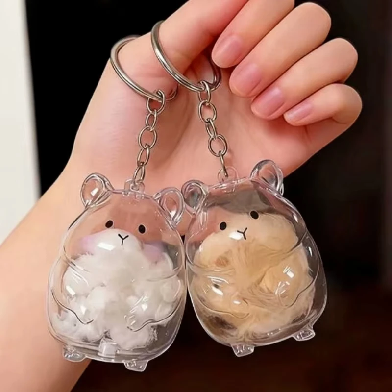 Hamster Fur Storage Keychain Cute Pet Shaped Transparent Hair Container Box Pendants Key Ring DIY Accessories Memorial Gifts