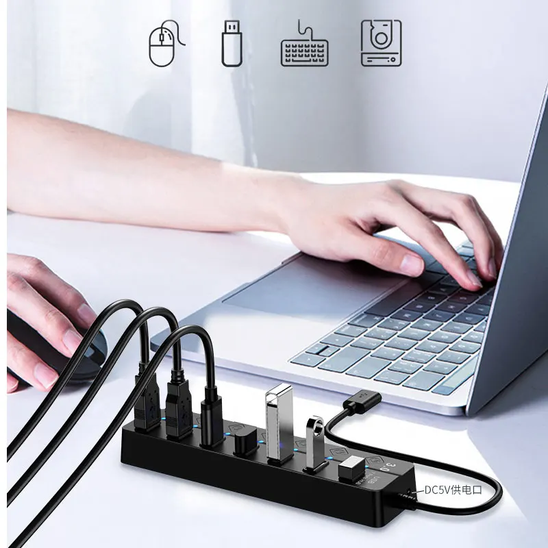 4 In 1 USB 3.0 Hub 7 Port With LED Indicator Independent Switch Control For Laptop Flash Drive Hard Disk Printer Camera Keyboard thumbnail 6