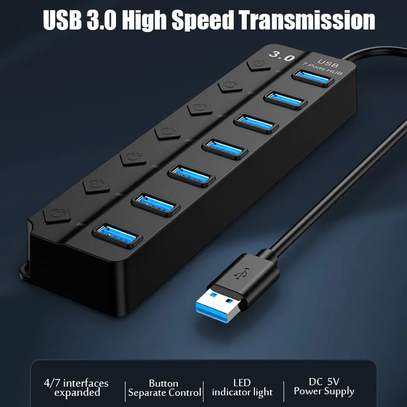 4 In 1 USB 3.0 Hub 7 Port With LED Indicator Independent Switch Control For Laptop Flash Drive Hard Disk Printer Camera Keyboard thumbnail 2