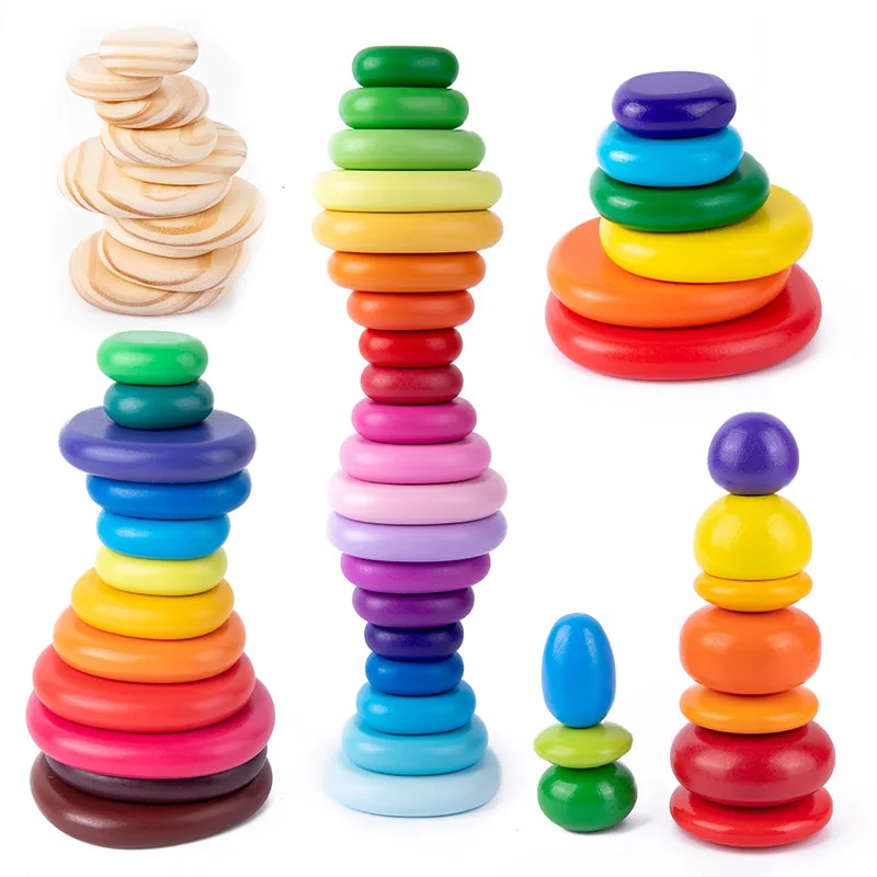 6/10/12/20pcs Rainbow Pebbles Wooden Blocks Toy Kids Educational Toys for Children Hand-eye Coordination Training Balance Game