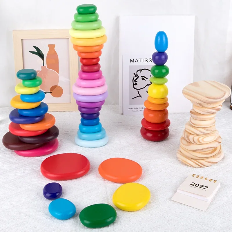 6/10/12/20pcs Rainbow Pebbles Wooden Blocks Toy Kids Educational Toys for Children Hand-eye Coordination Training Balance Game thumbnail 2
