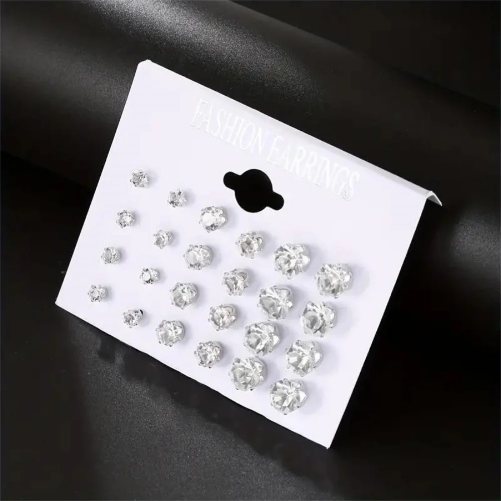 12 Pairs Set Stainless Steel Silver Color CZ Stud Earrings with Gemstone Buds Round Earrings Jewelry Accessories Unisex thumbnail 3
