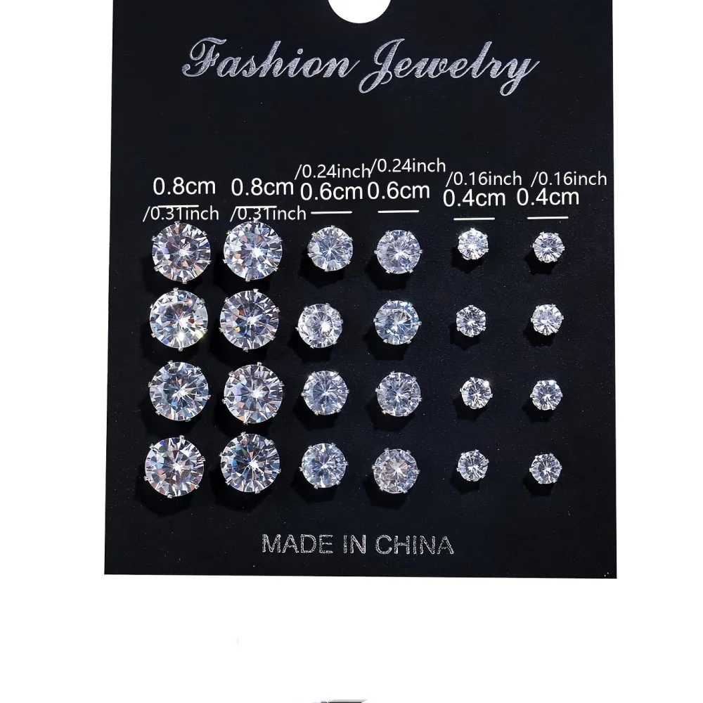 12 Pairs Set Stainless Steel Silver Color CZ Stud Earrings with Gemstone Buds Round Earrings Jewelry Accessories Unisex thumbnail 2