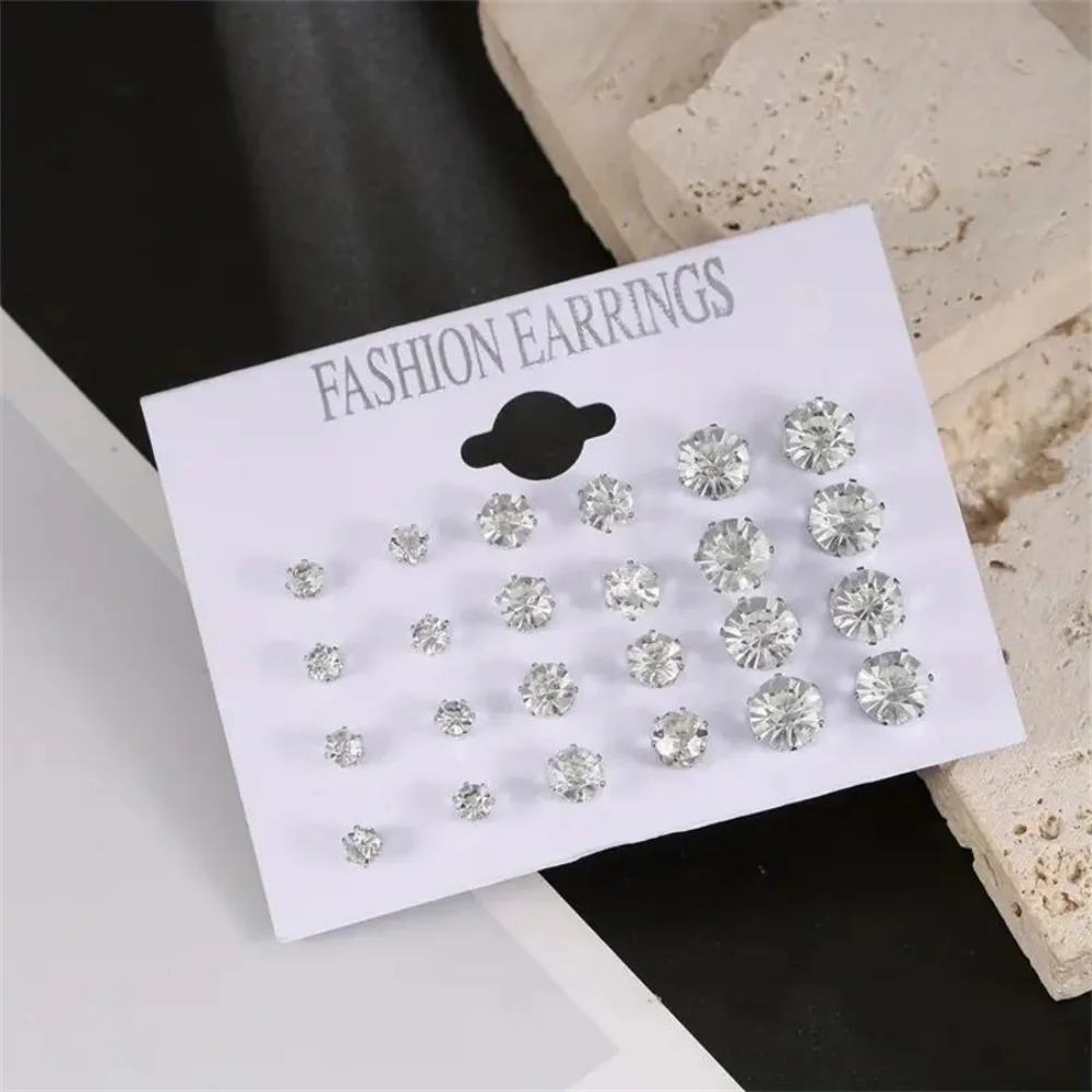 12 Pairs Set Stainless Steel Silver Color CZ Stud Earrings with Gemstone Buds Round Earrings Jewelry Accessories Unisex thumbnail 4