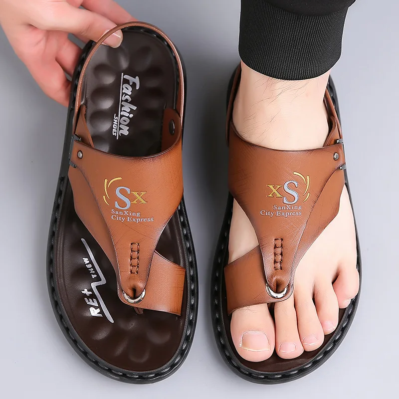Men's Summer New Fashion Casual Beach Sandals Two-Way Driving Slip-On Shoes round Toe Low Heel Soft Leather Rubber Outsole