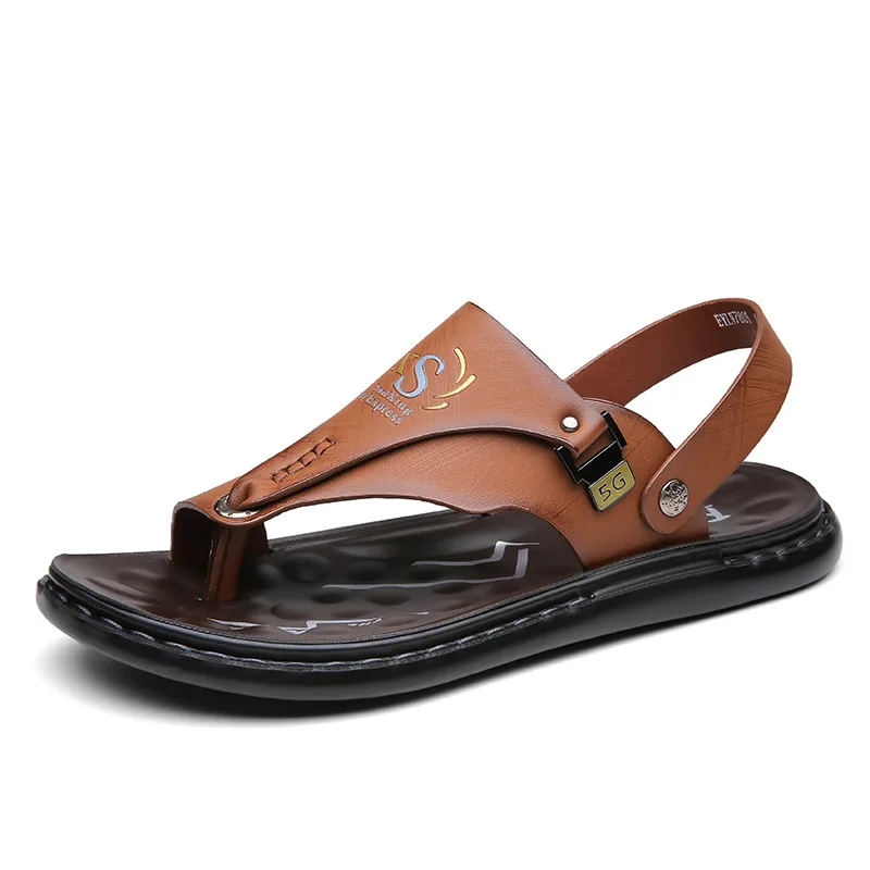 Men's Summer New Fashion Casual Beach Sandals Two-Way Driving Slip-On Shoes round Toe Low Heel Soft Leather Rubber Outsole thumbnail 5