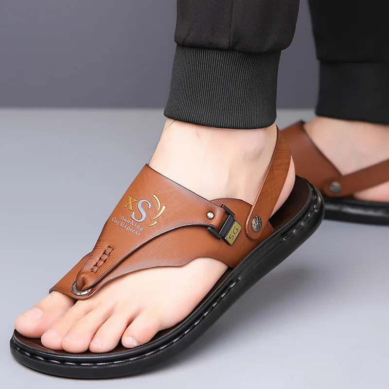 Men's Summer New Fashion Casual Beach Sandals Two-Way Driving Slip-On Shoes round Toe Low Heel Soft Leather Rubber Outsole thumbnail 2