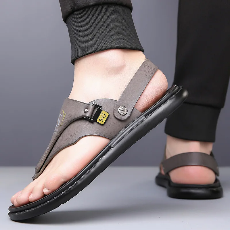 Men's Summer New Fashion Casual Beach Sandals Two-Way Driving Slip-On Shoes round Toe Low Heel Soft Leather Rubber Outsole thumbnail 3