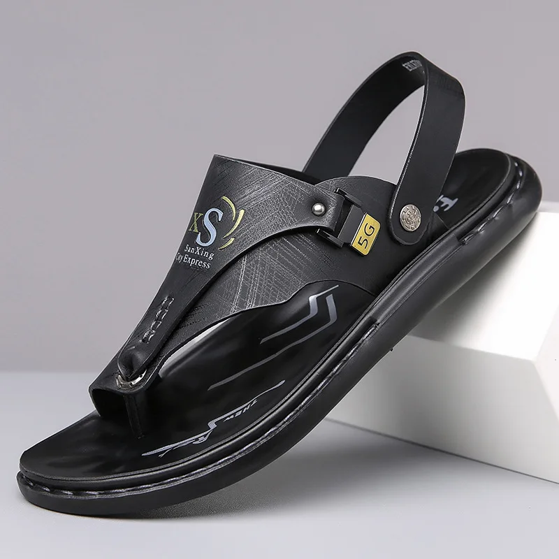 Men's Summer New Fashion Casual Beach Sandals Two-Way Driving Slip-On Shoes round Toe Low Heel Soft Leather Rubber Outsole thumbnail 4