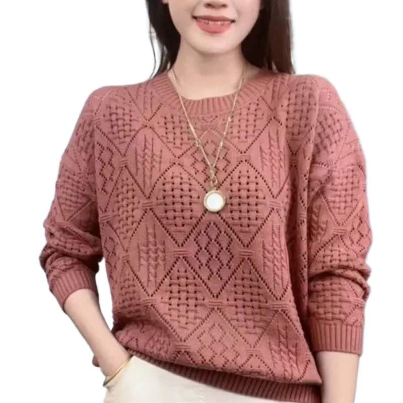 Popular Hollow Knitted Sweater Women's Spring Clothing Fashionable Foreign Loose and Thin Versatile Long-sleeved Top Pullover thumbnail 5