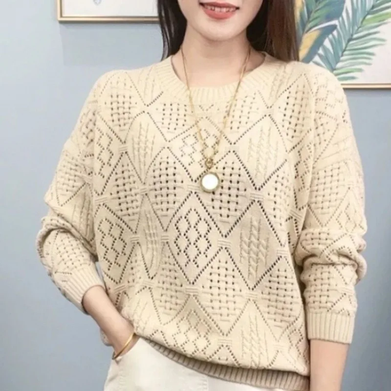 Popular Hollow Knitted Sweater Women's Spring Clothing Fashionable Foreign Loose and Thin Versatile Long-sleeved Top Pullover thumbnail 3