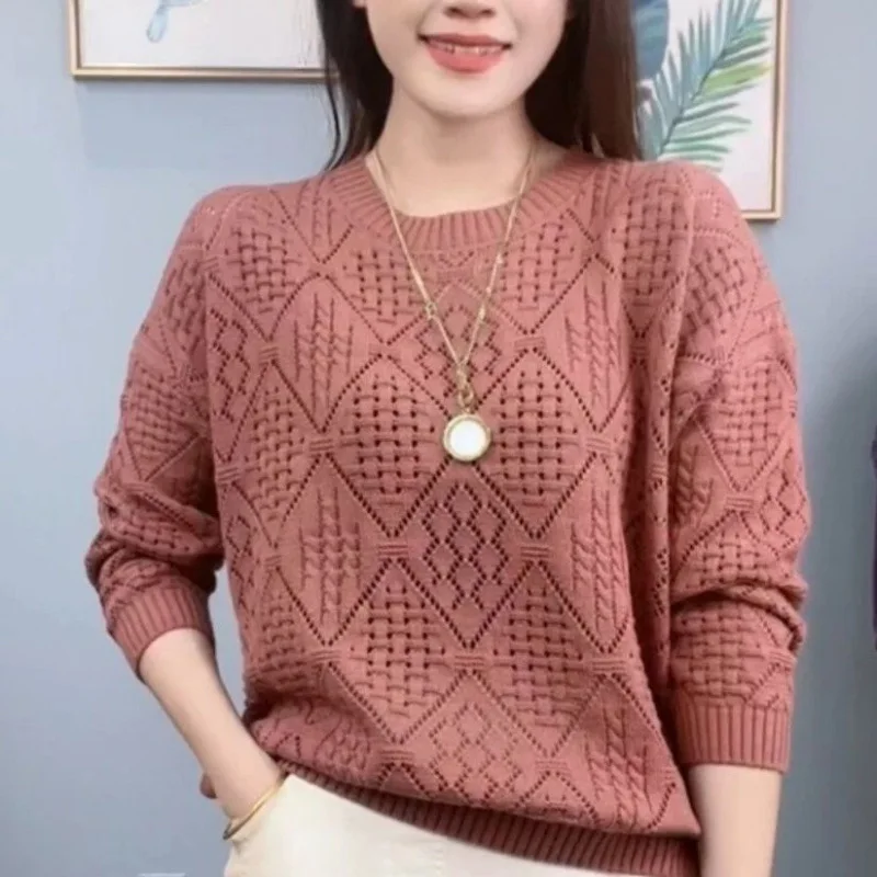 Popular Hollow Knitted Sweater Women's Spring Clothing Fashionable Foreign Loose and Thin Versatile Long-sleeved Top Pullover thumbnail 4