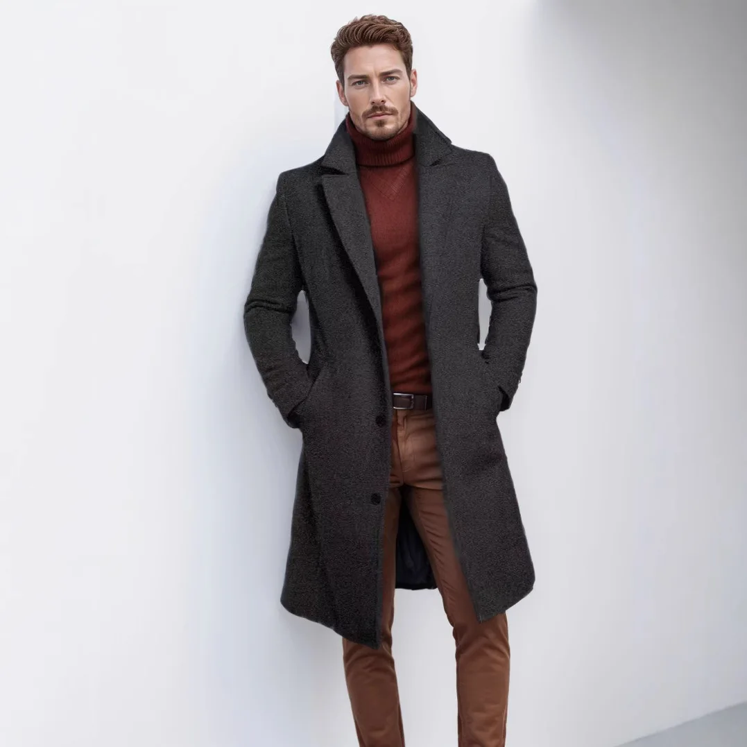 Warmth Youth Men's Mid-Length Pure Color Woolen Coat Autumn Winter Thickened Single-Breasted Jacket with Pockets Straight Hem