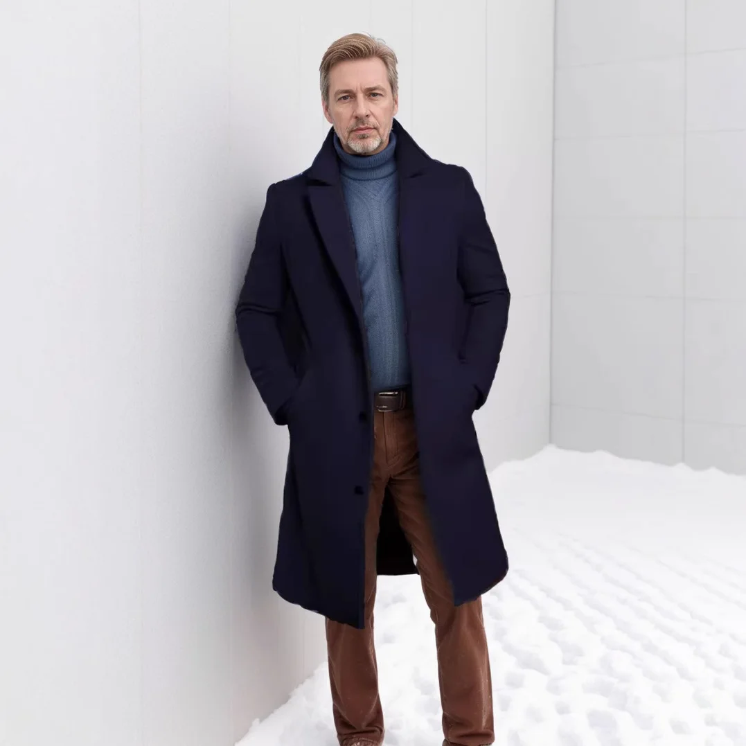 Warmth Youth Men's Mid-Length Pure Color Woolen Coat Autumn Winter Thickened Single-Breasted Jacket with Pockets Straight Hem thumbnail 2