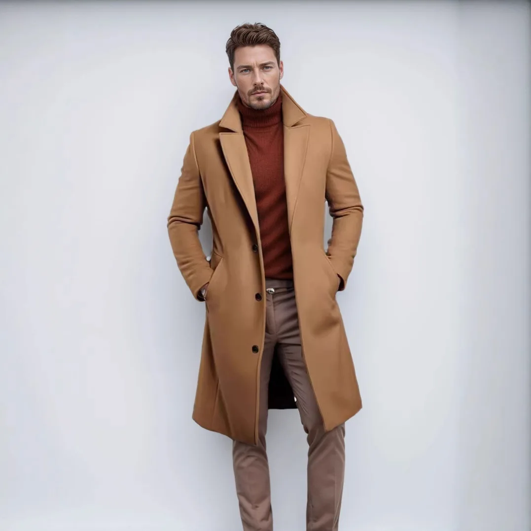 Warmth Youth Men's Mid-Length Pure Color Woolen Coat Autumn Winter Thickened Single-Breasted Jacket with Pockets Straight Hem thumbnail 3