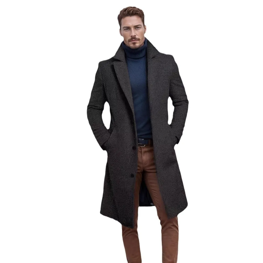Warmth Youth Men's Mid-Length Pure Color Woolen Coat Autumn Winter Thickened Single-Breasted Jacket with Pockets Straight Hem thumbnail 5