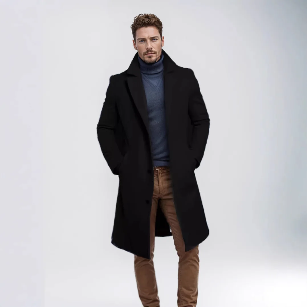 Warmth Youth Men's Mid-Length Pure Color Woolen Coat Autumn Winter Thickened Single-Breasted Jacket with Pockets Straight Hem thumbnail 4