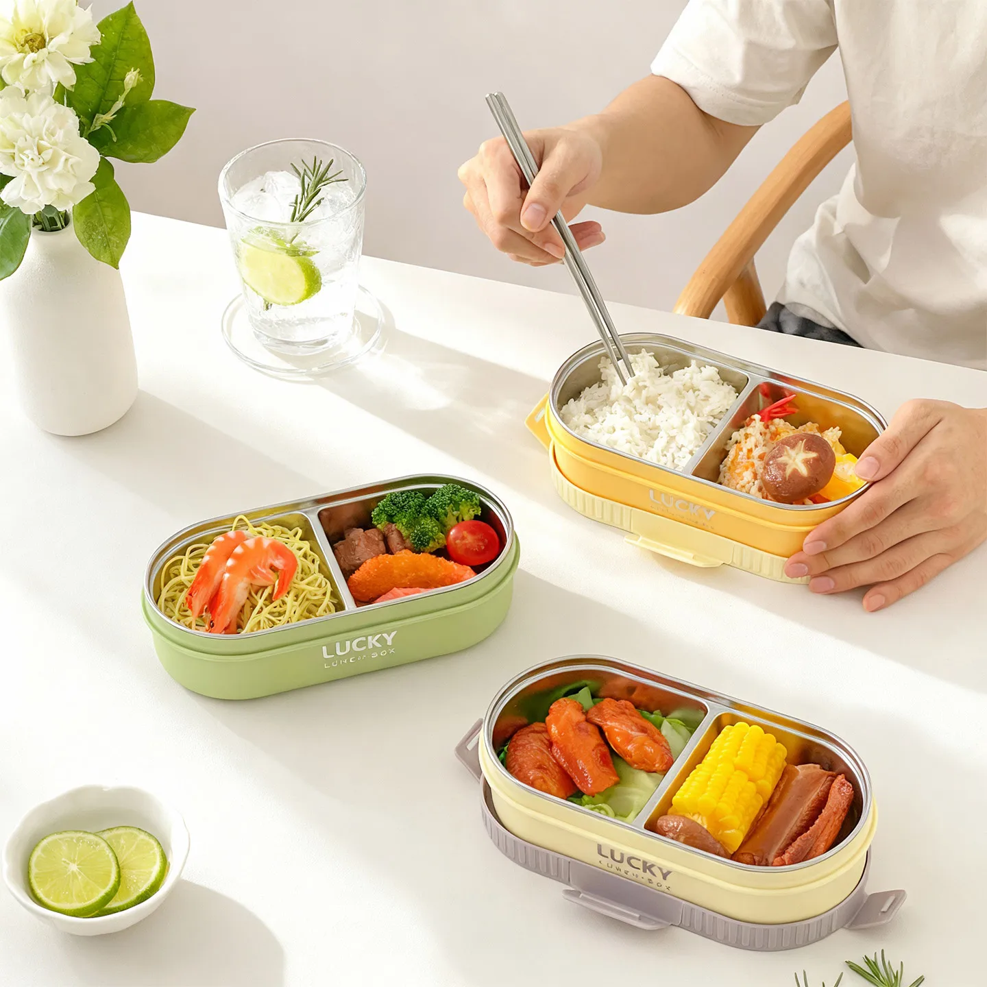 WORTHBUY 304 Stainless Steel Oval Insulated Lunch Box For Kids Student Portable Leak Proof Divided Food Container Microwave Safe thumbnail 2