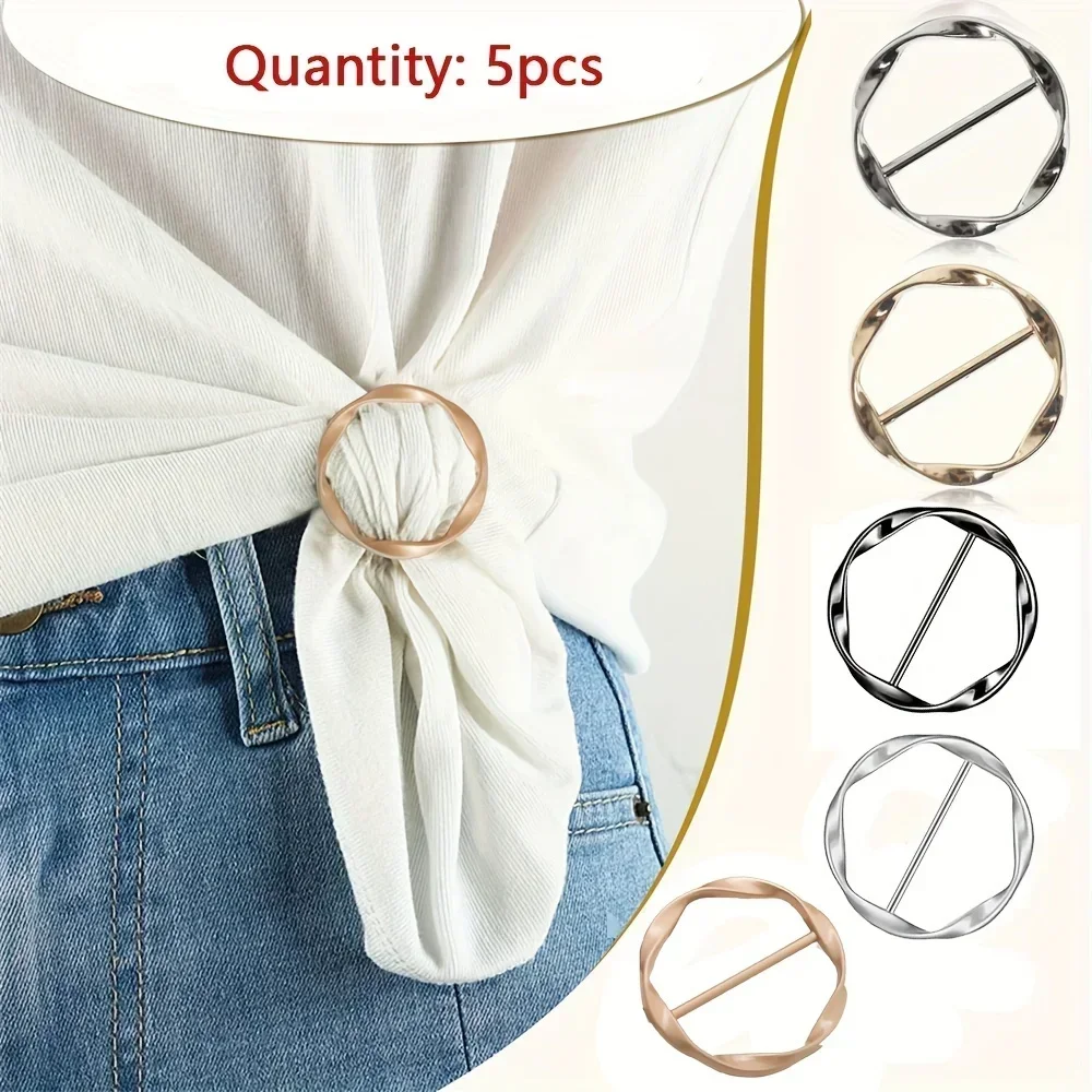 5pcs Fashion Metal Round Circle Clip Buckle Shawl T-Shirt Tie Clip Brooch Waist Buckle Versatile Clothing Ring Wrap Holder
