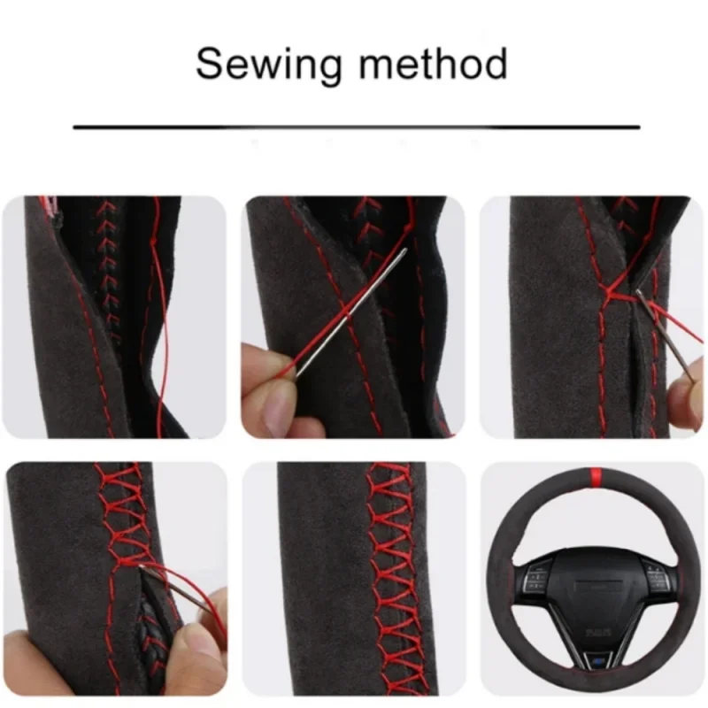 NEW Car Steering Wheel Cover Soft Wear-Resistant Comfortable Wear Resistant Universal Hand Sewing Black Suede Leather Braiding thumbnail 6