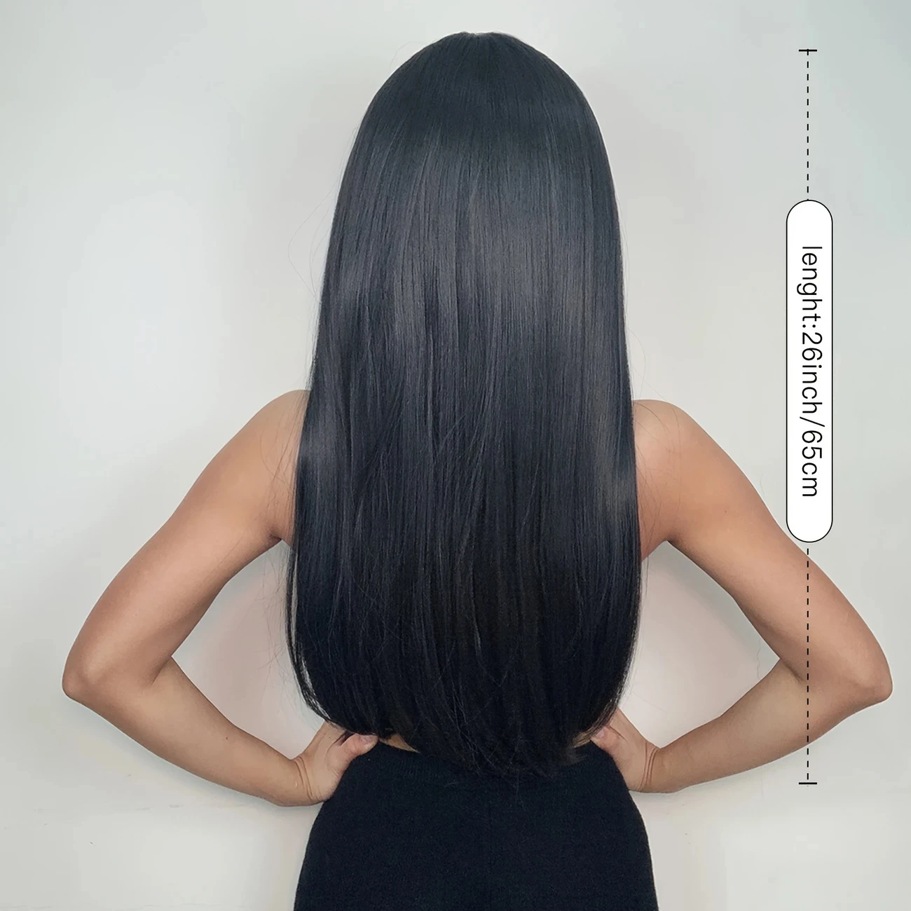 26-inch black synthetic wig with long straight bangs, fashionable women's wig, daily party, Halloween costume, role-playing wig thumbnail 2