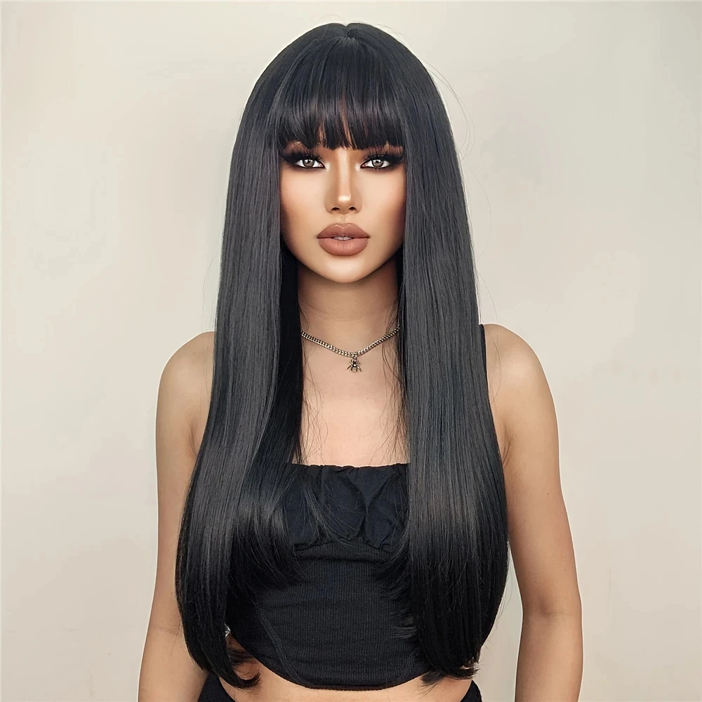 26-inch black synthetic wig with long straight bangs, fashionable women's wig, daily party, Halloween costume, role-playing wig thumbnail 3