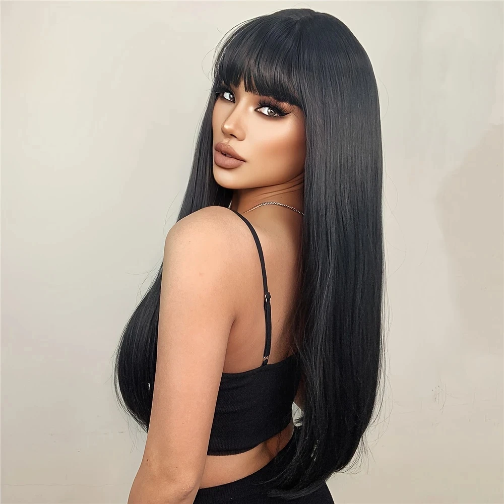 26-inch black synthetic wig with long straight bangs, fashionable women's wig, daily party, Halloween costume, role-playing wig thumbnail 4