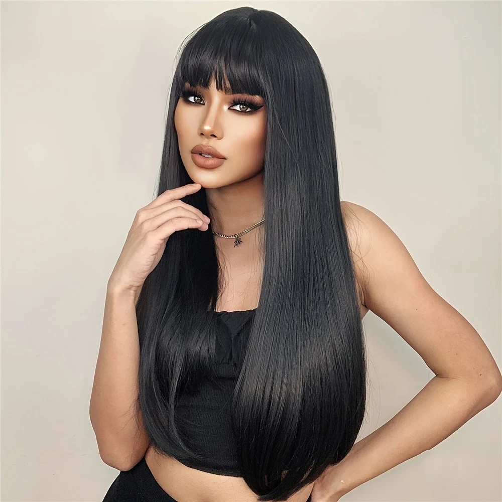 26-inch black synthetic wig with long straight bangs, fashionable women's wig, daily party, Halloween costume, role-playing wig thumbnail 5