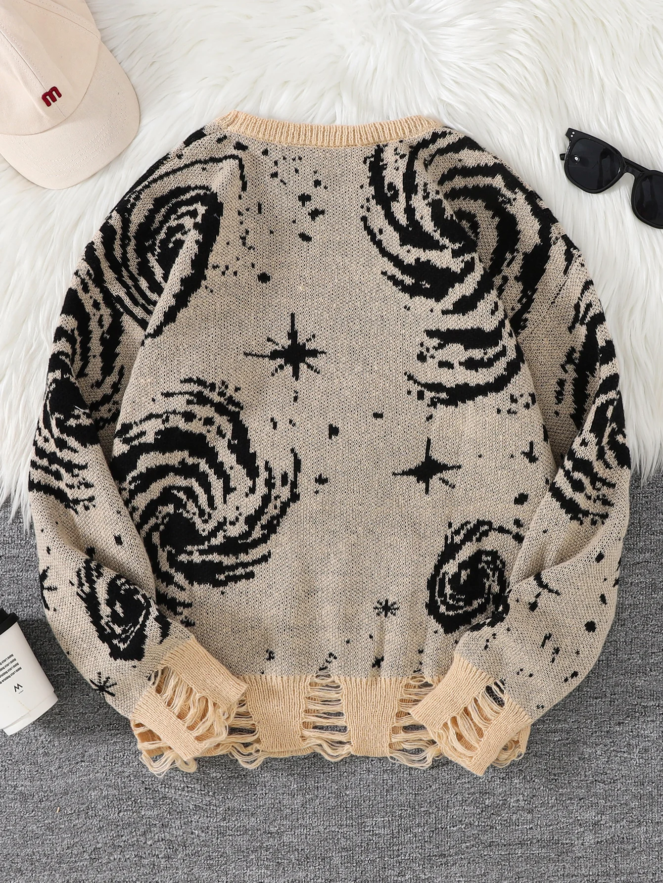 New Trendy Street Style Ripped Abstract Starry Sky Pattern Pullover Ripped Sweater Casual Crew Neck Knitted Men's Pullover thumbnail 2