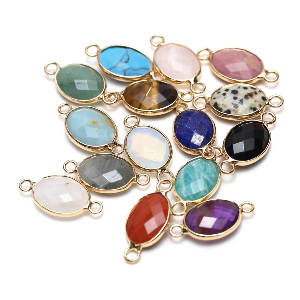 5pcs 11x18mm Faceted Oval Double-Hole Connector Pendants Natural Stone Crystal Charms for Jewelry Making DIY Necklaces Bracelets
