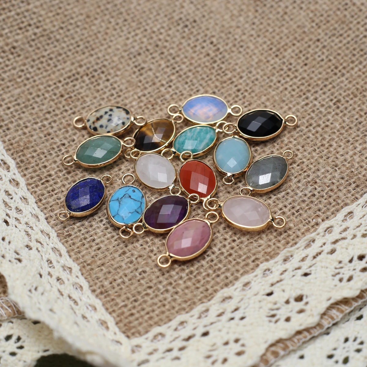5pcs 11x18mm Faceted Oval Double-Hole Connector Pendants Natural Stone Crystal Charms for Jewelry Making DIY Necklaces Bracelets thumbnail 5