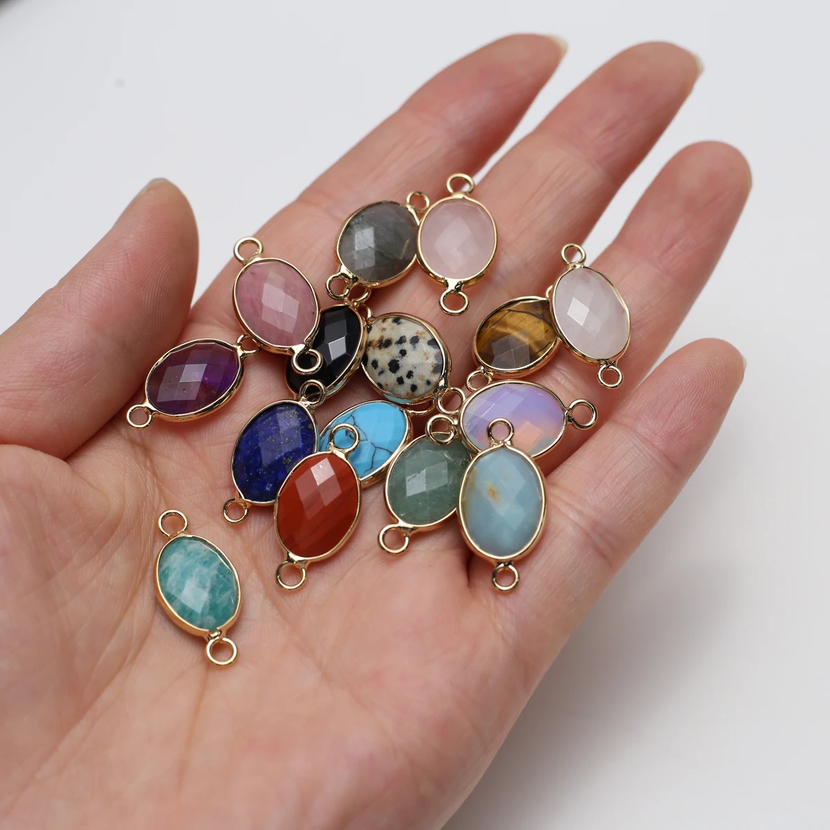 5pcs 11x18mm Faceted Oval Double-Hole Connector Pendants Natural Stone Crystal Charms for Jewelry Making DIY Necklaces Bracelets thumbnail 2