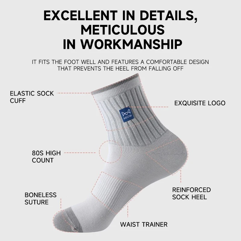 MiiOW 100% Pure Cotton Socks Men Business Dress Sock Anti Odor Crew Socks Antibacterial Breathable Sports Long Sock Black White thumbnail 4