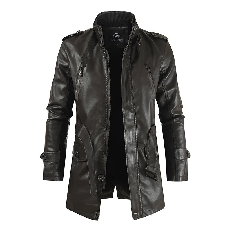 Autumn And Winter New Men's Medium And Long Leather Jacket Stand-up Collar Piled Thickened PU Leather Jacket thumbnail 3