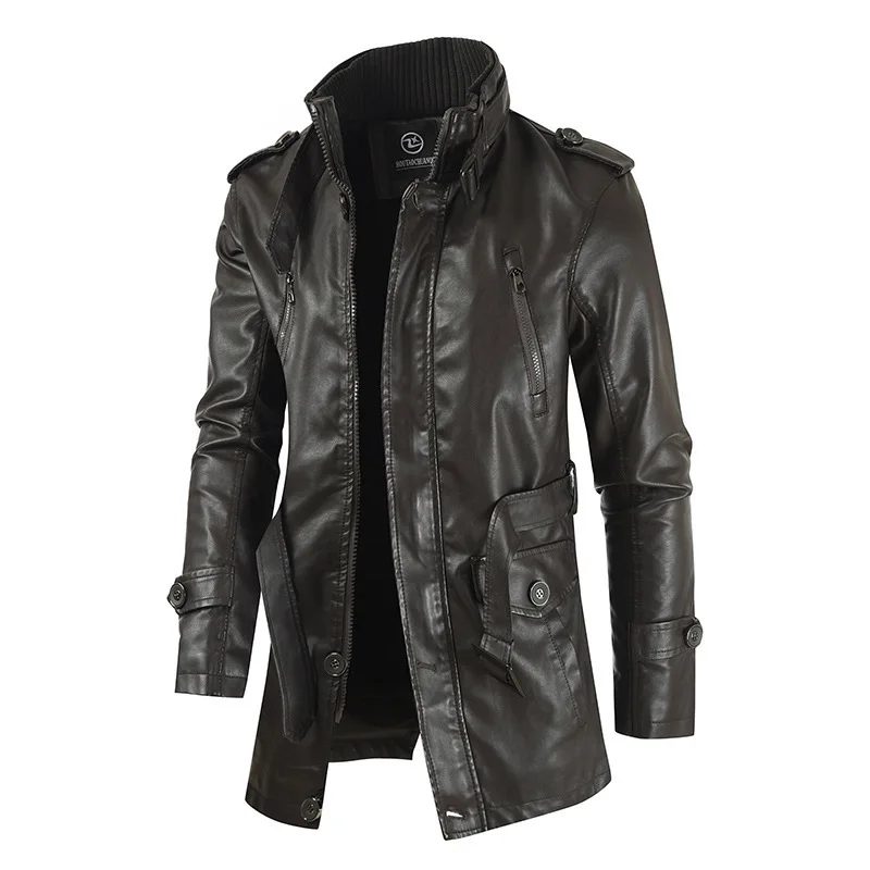 Autumn And Winter New Men's Medium And Long Leather Jacket Stand-up Collar Piled Thickened PU Leather Jacket thumbnail 5