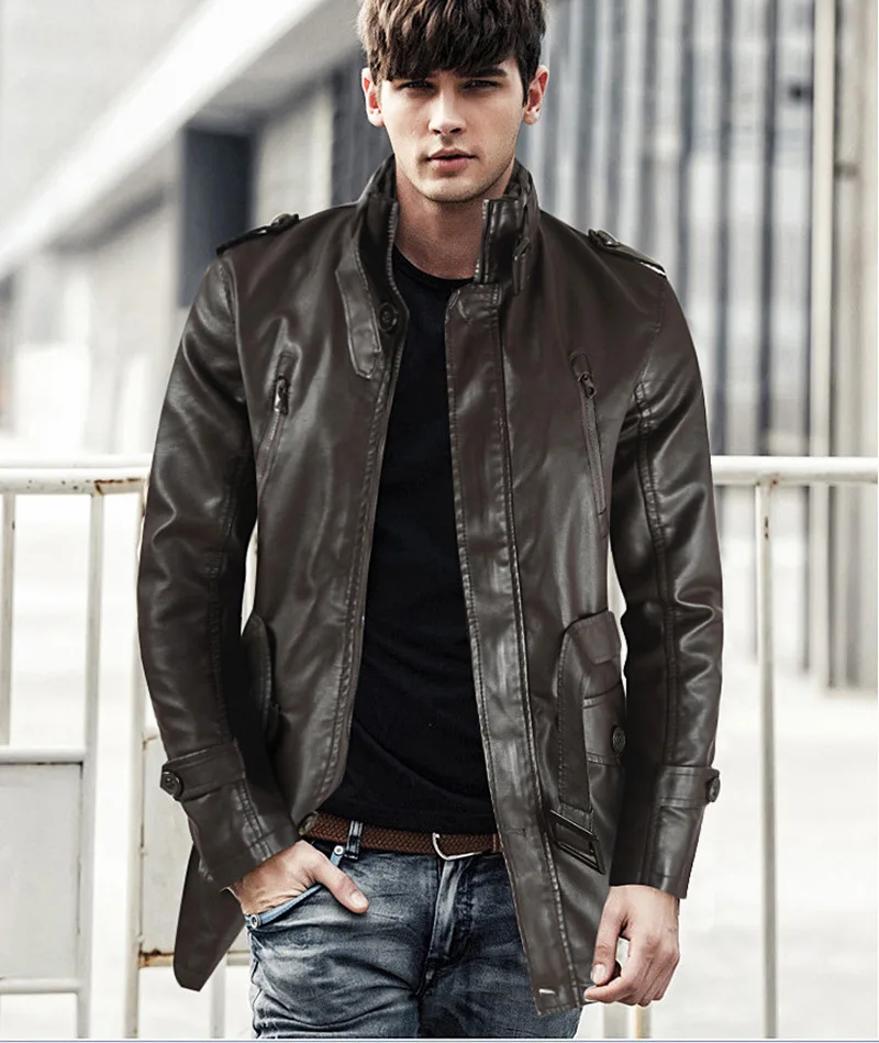 Autumn And Winter New Men's Medium And Long Leather Jacket Stand-up Collar Piled Thickened PU Leather Jacket thumbnail 2